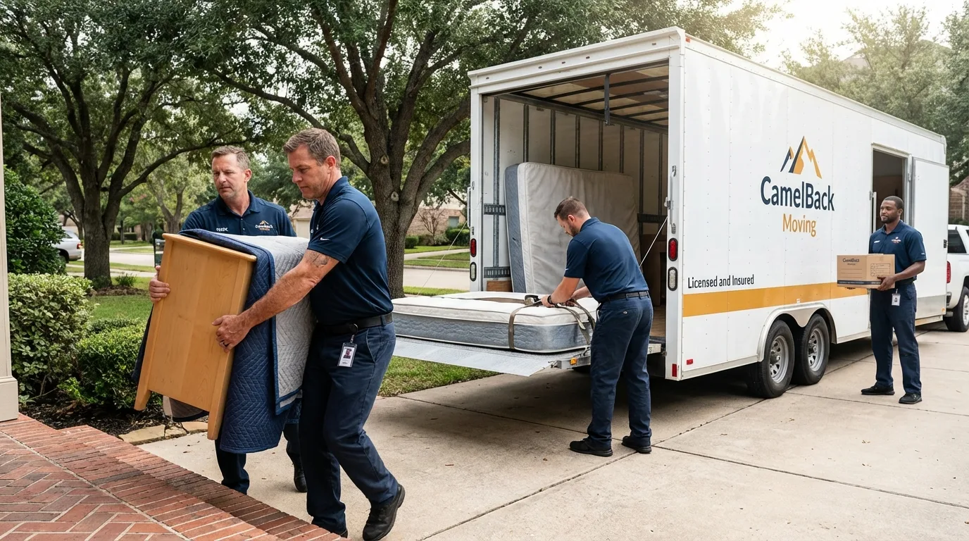 Crew loading residential truck for cross-state move from Bloomington, IL