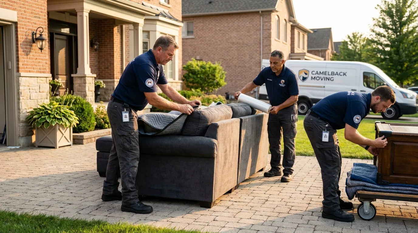 Large estate moving crew wrapping furniture in Bloomington, IL