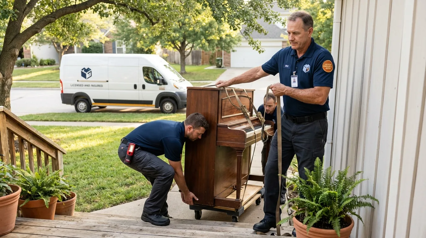 Licensed piano movers securing grand piano in Bloomington, IL