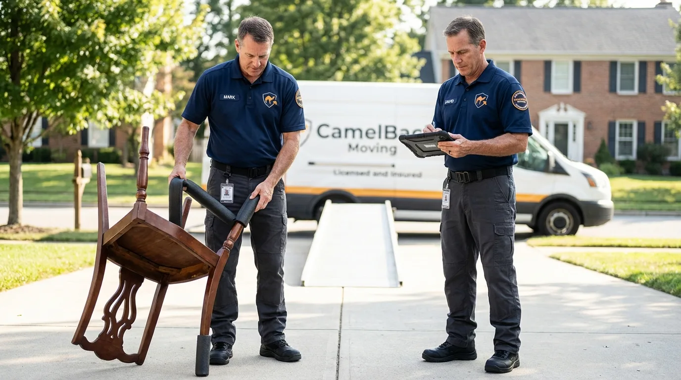 Movers inspecting furniture for damage prevention before loading in Bloomington, IL