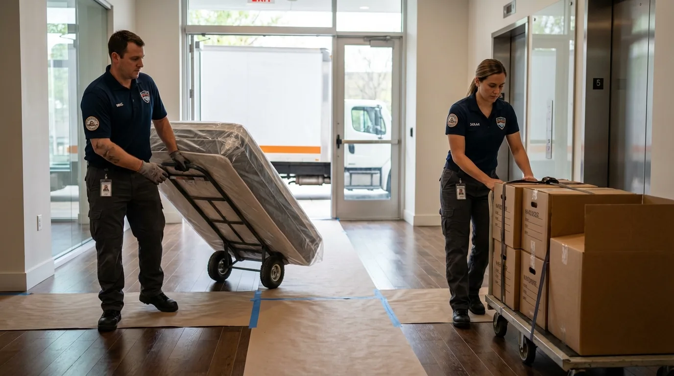 Professional apartment movers loading elevator in Bloomington, IL