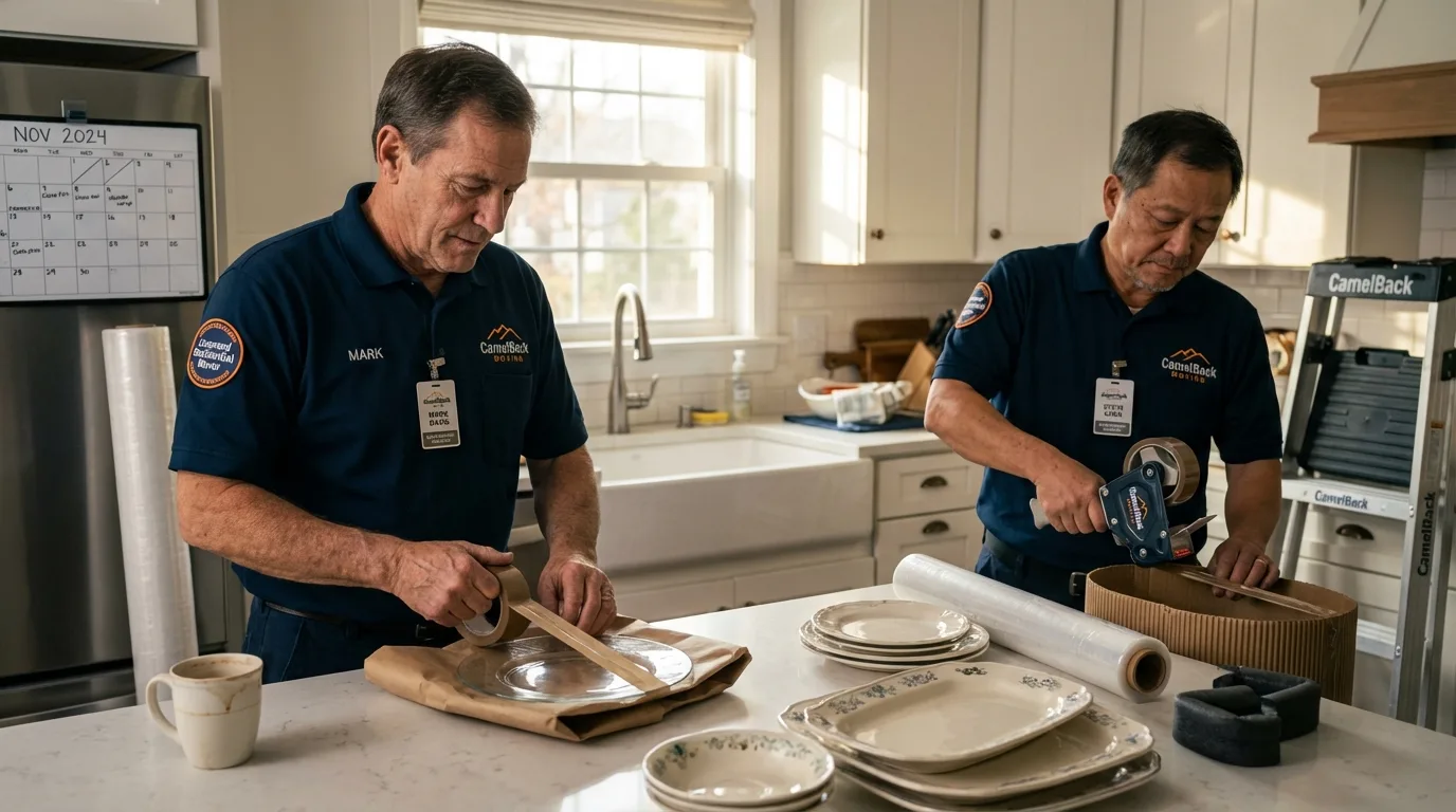 Professional crew packing kitchen dishware in Bloomington, IL
